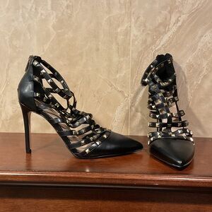 Women's Black Studded Strappy High Heel Pumps